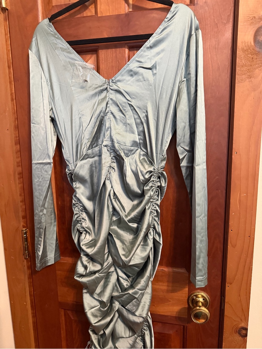 RIVIR Satin Ruched Long-Sleeve Dress in Sage Green